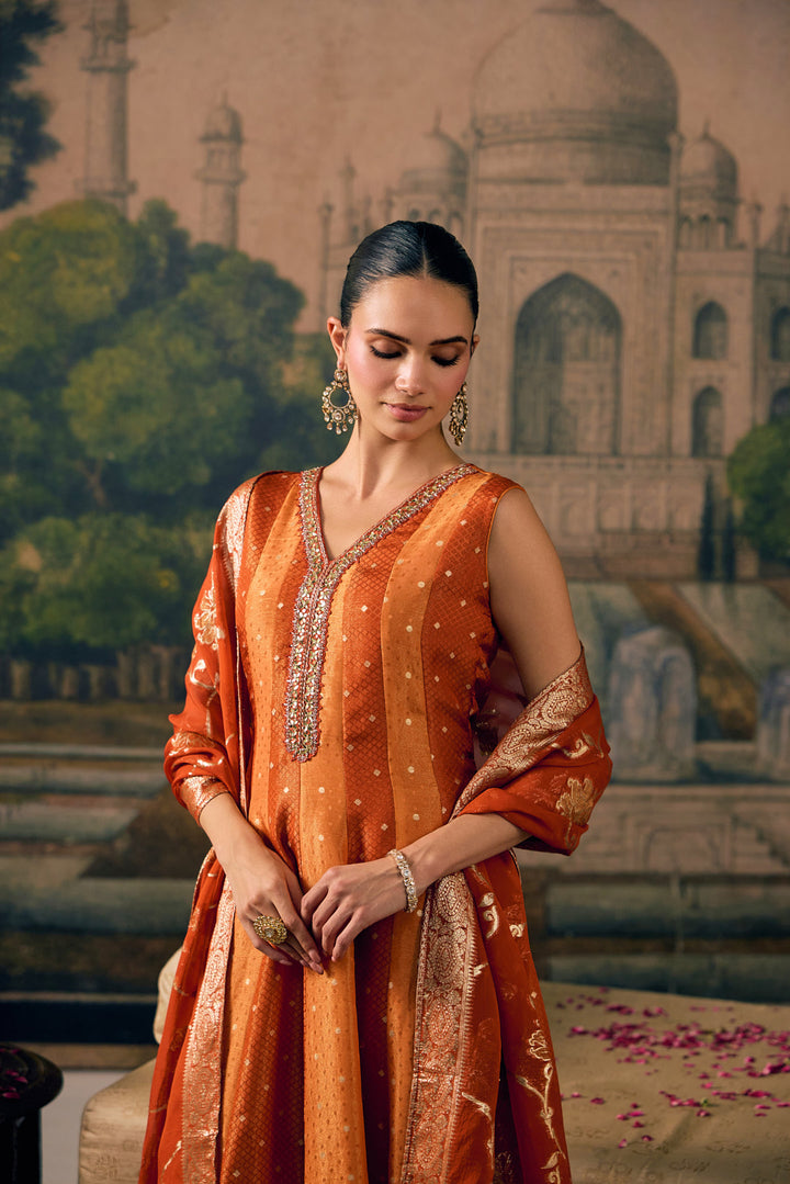 Rust Tissue Small Buti Weaved Three Piece Set