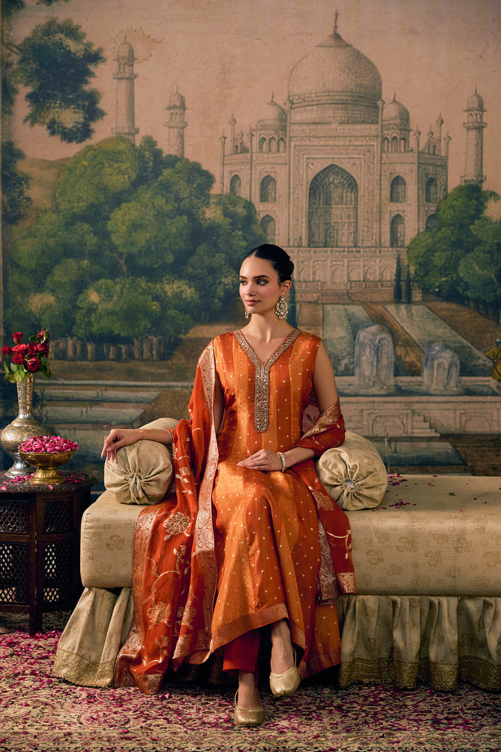 Rust Tissue Small Buti Weaved Three Piece Set