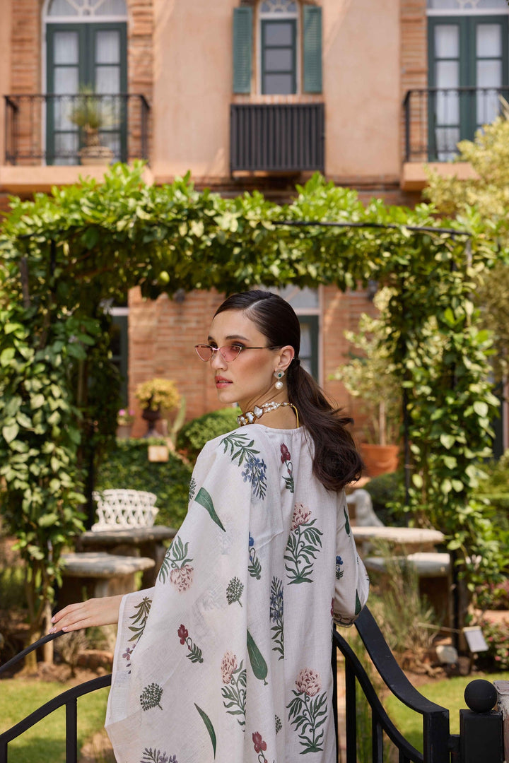 Neerus Cream Printed Straight Kurta and Trousers With Dupatta