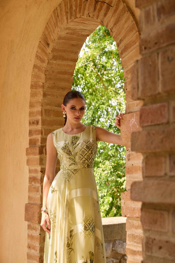 Neerus Green Georgette Printed Maxi Dress - back view