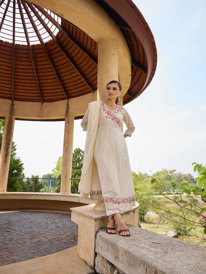 Neerus White Embroidered Anarkali Kurta and Trousers With Dupatta
