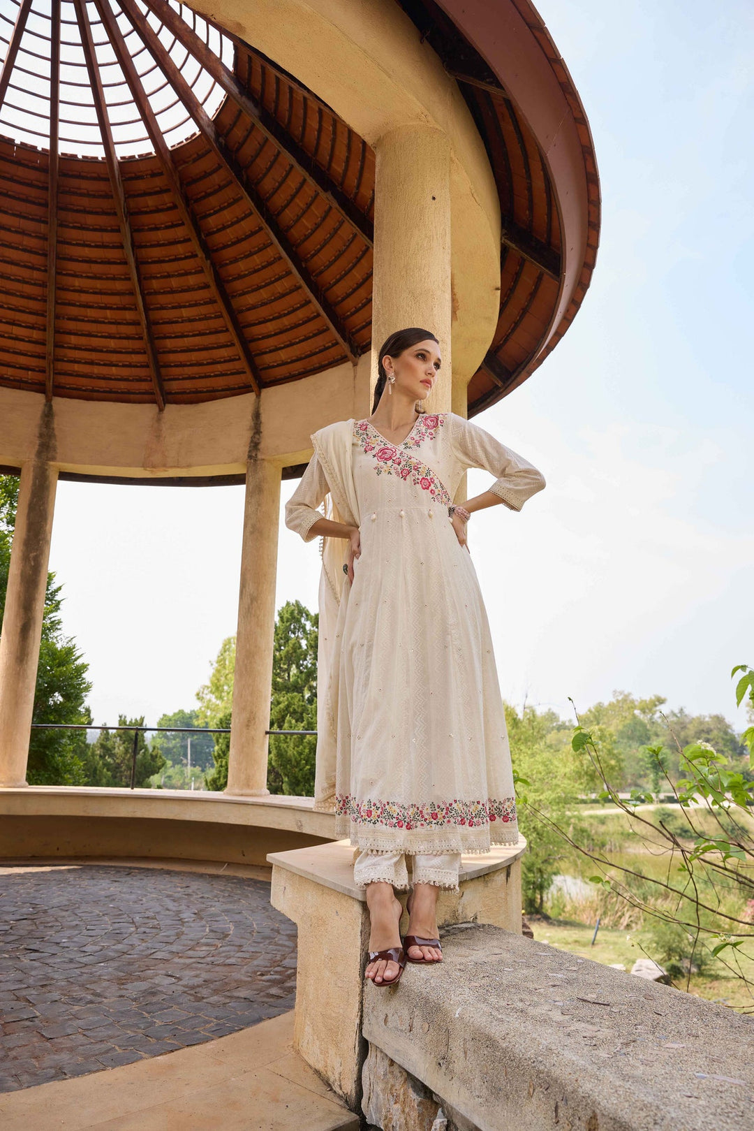 Neerus White cotton embroidered Anarkali suit set - back view