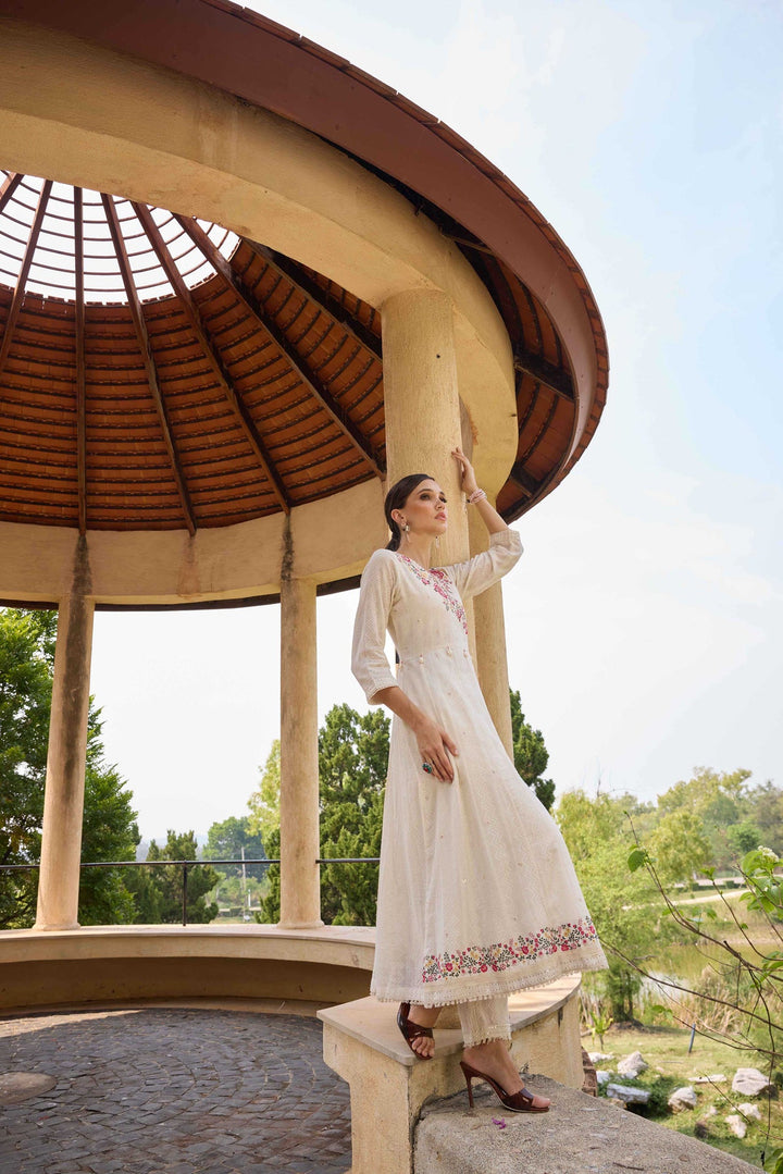 Neerus White cotton embroidered Anarkali suit set - detail view 1