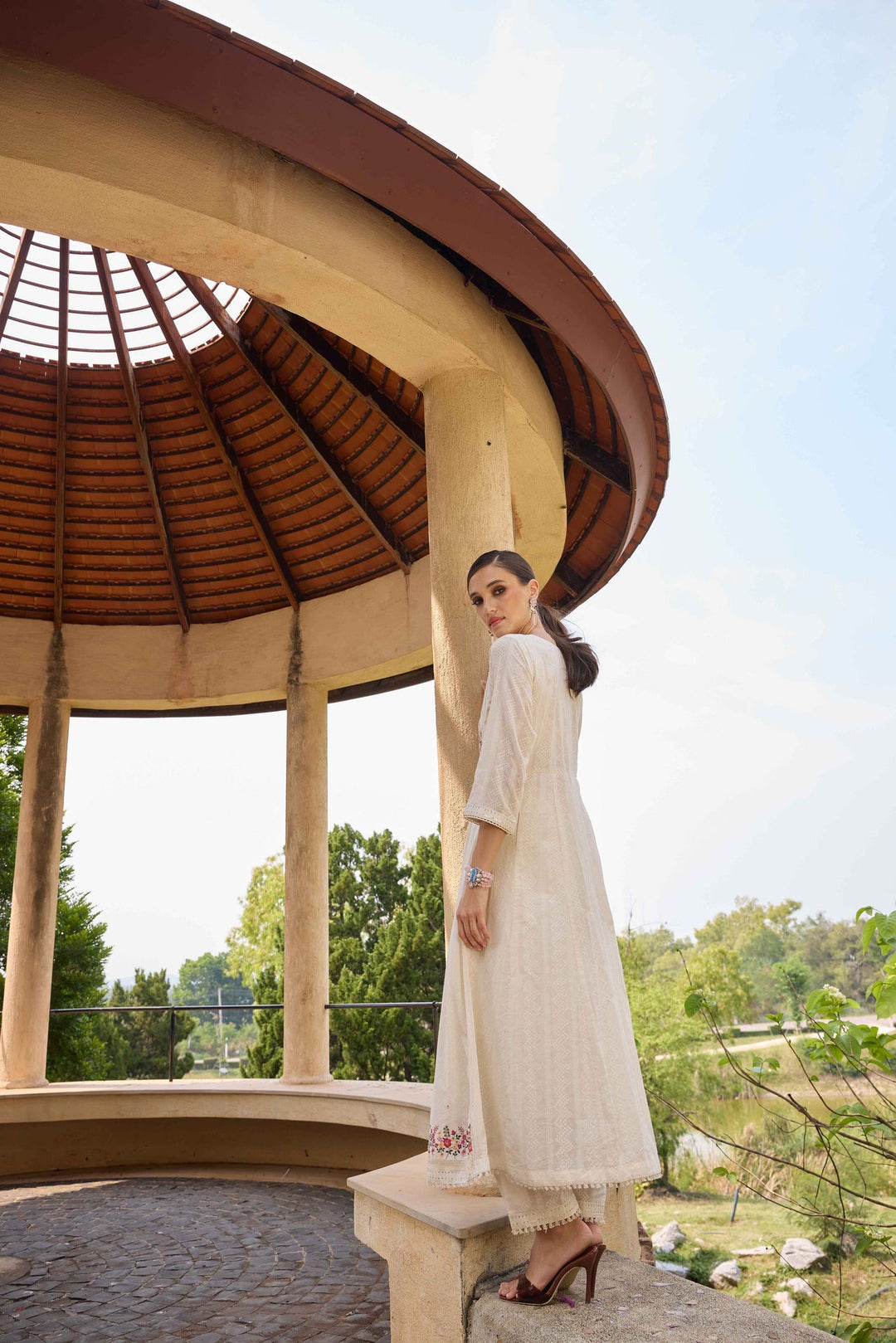 Neerus White cotton embroidered Anarkali suit set - detail view 2