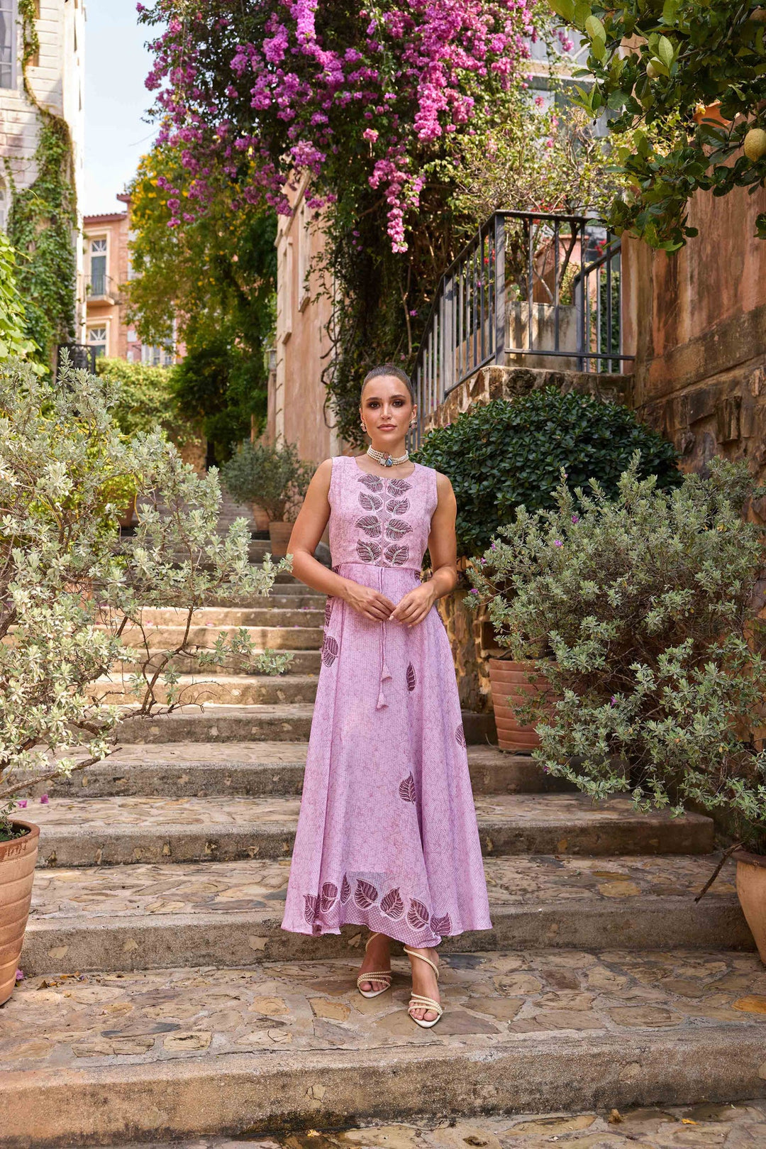 Neerus Pink georgette printed maxi dress - back view