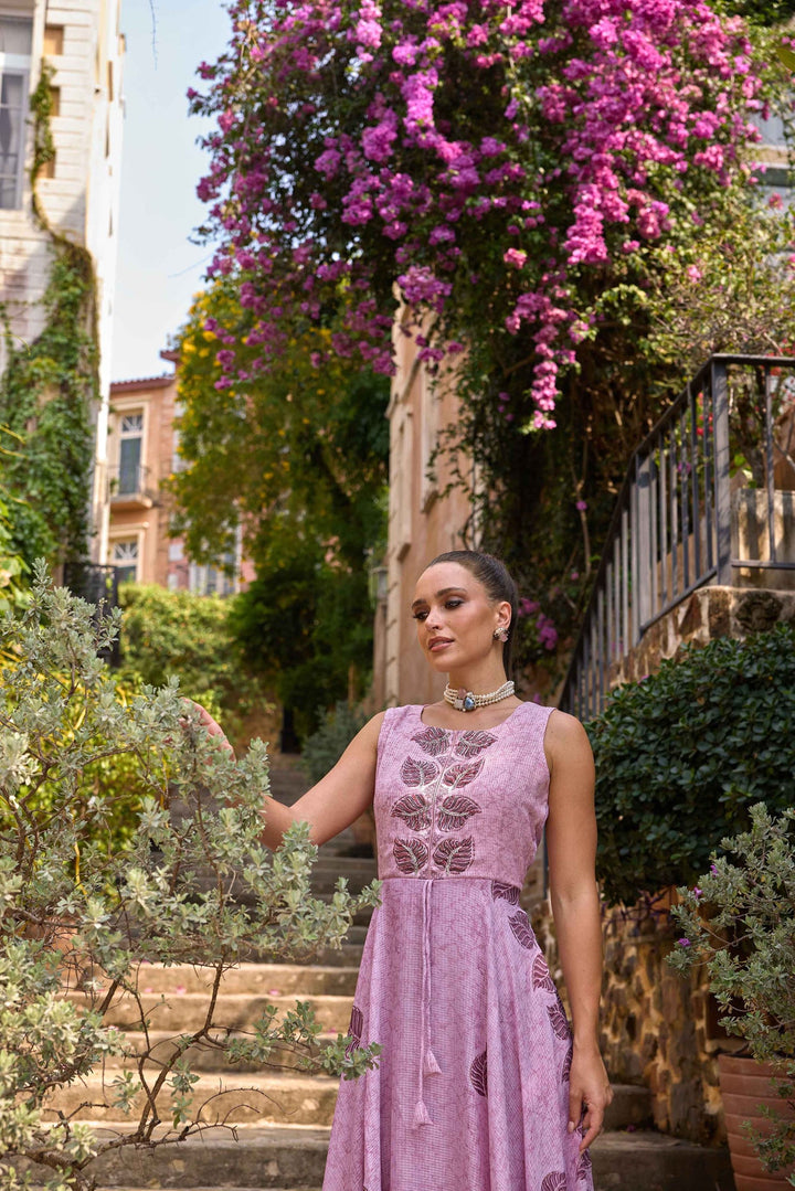 Neerus Pink georgette printed maxi dress - side view