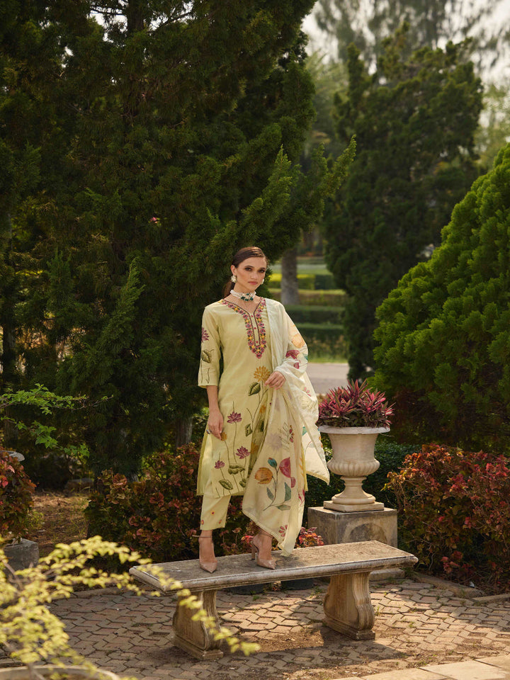 Neerus Green satin printed suit set - front view