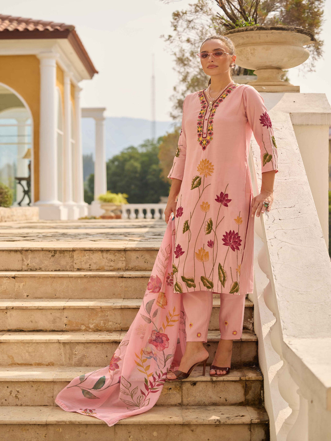 Neerus Pink satin printed suit set - front view