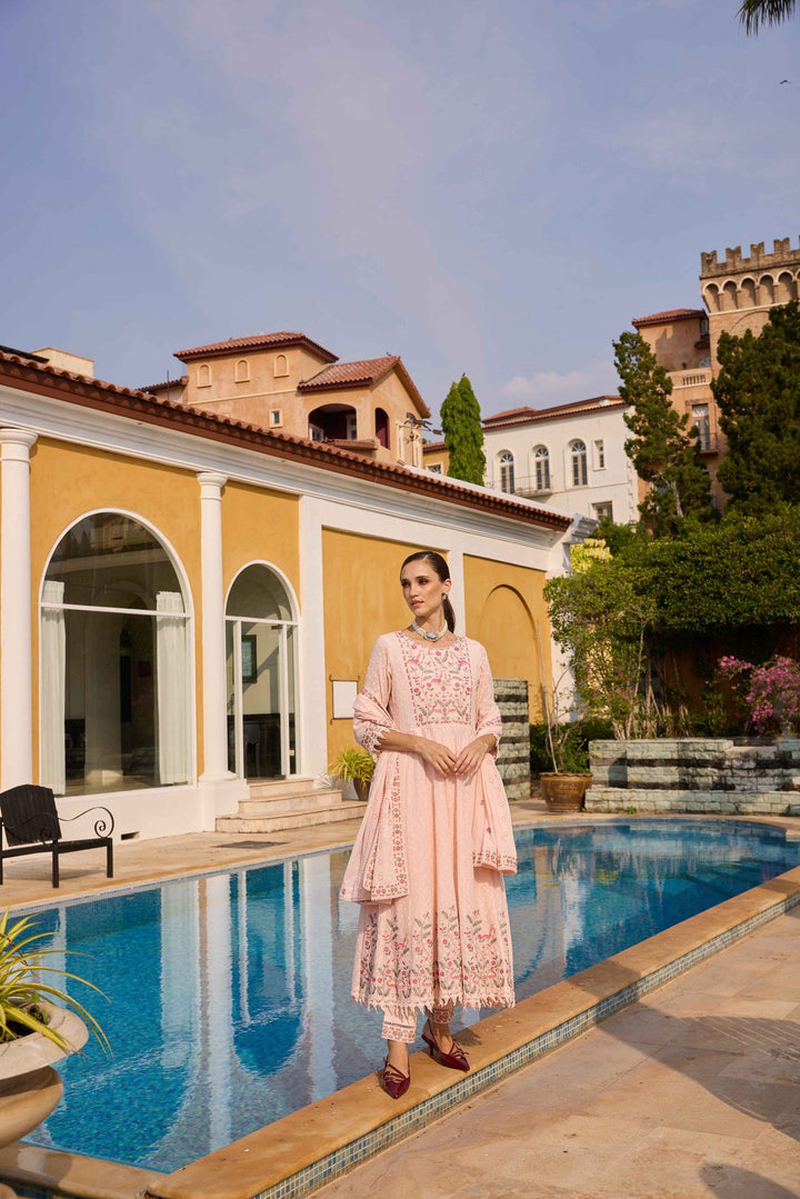 Neerus Pink Embroidered Anarkali Kurta and Trousers With Dupatta