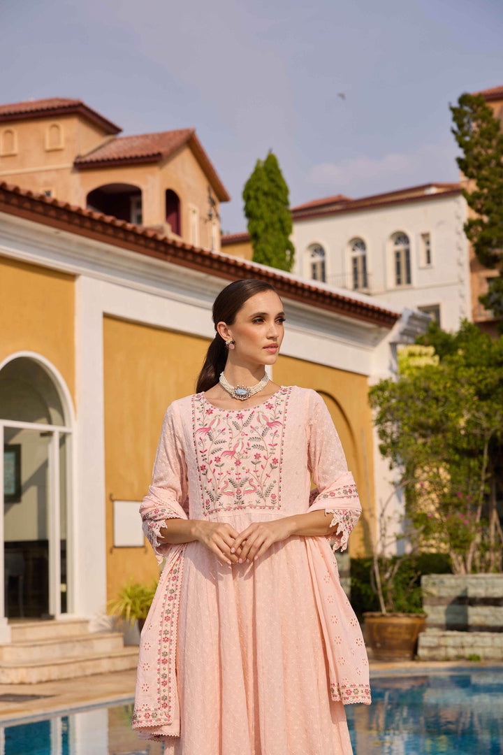 Neerus Pink Embroidered Anarkali Kurta and Trousers With Dupatta
