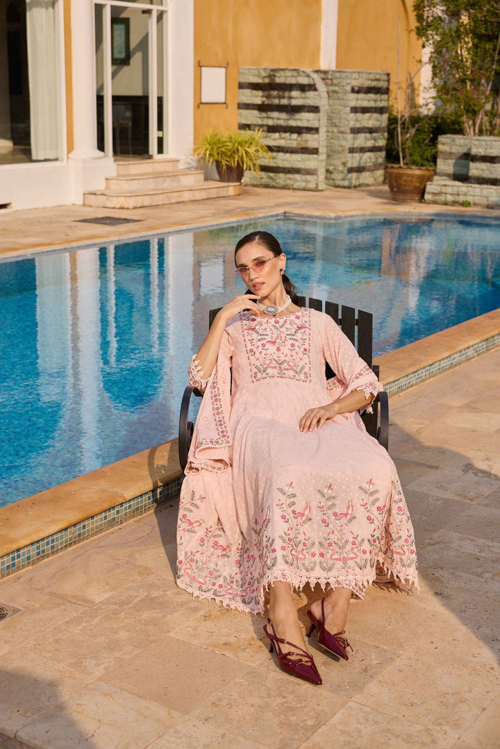 Neerus Pink Embroidered Anarkali Kurta and Trousers With Dupatta