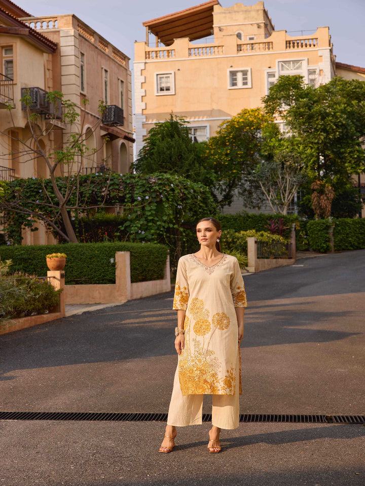 Neerus Gold Printed Straight Kurta and Palazzos