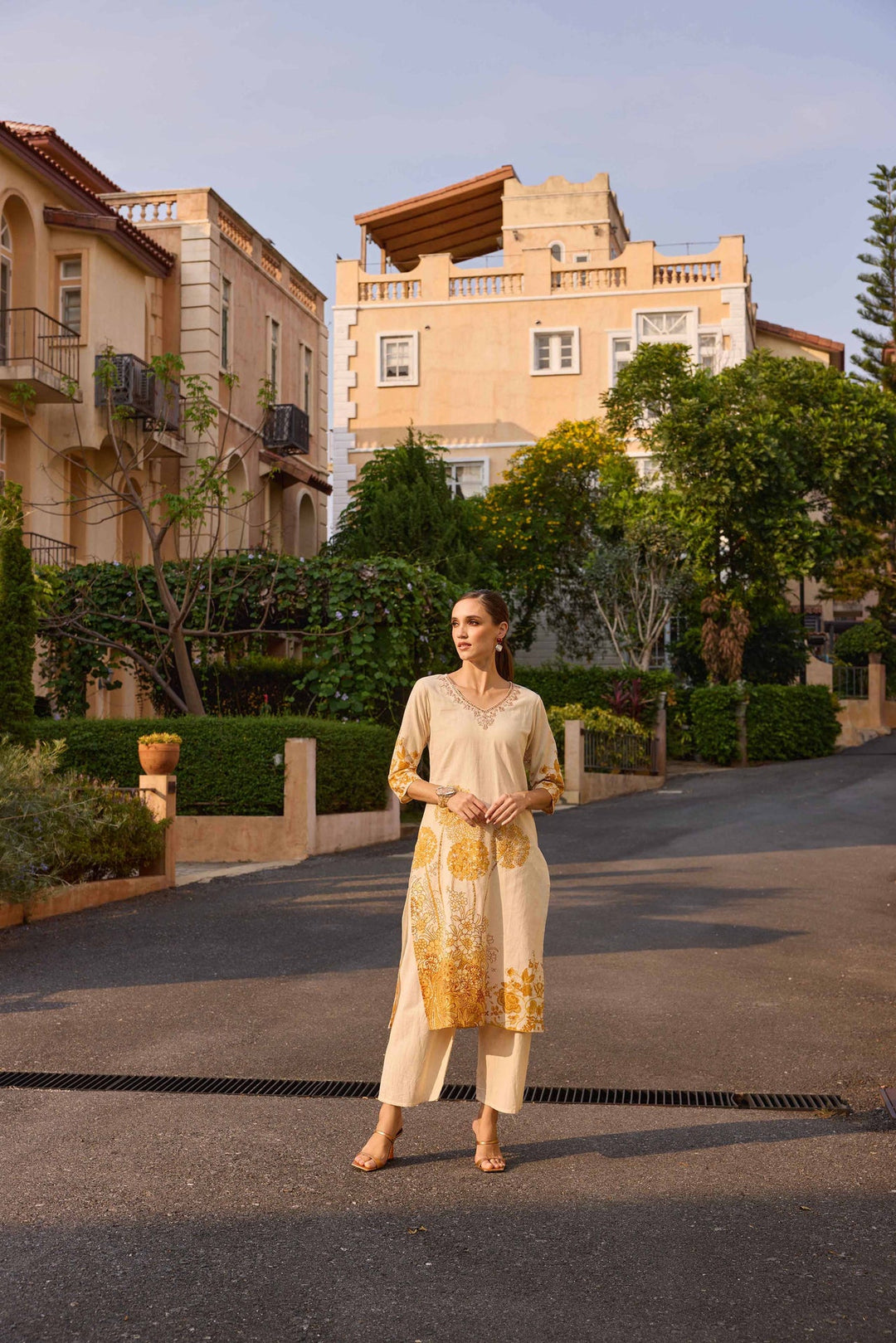 Neerus Gold polyester printed kurta set with palazzo - back view