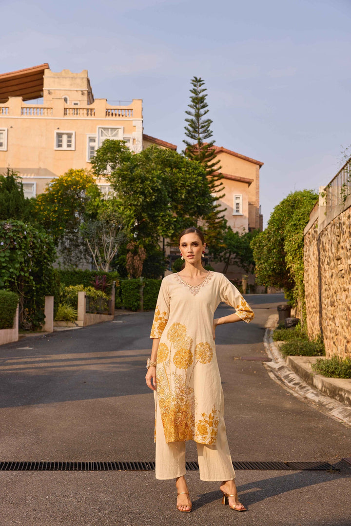 Neerus Gold polyester printed kurta set with palazzo - side view