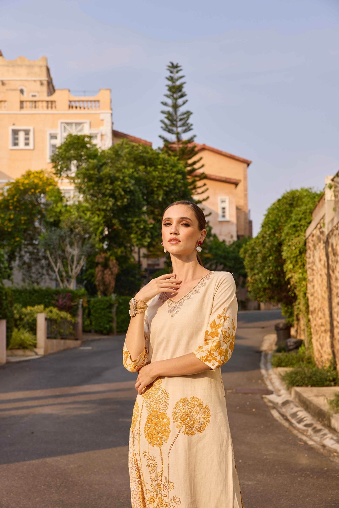 Neerus Gold polyester printed kurta set with palazzo - detail view 1