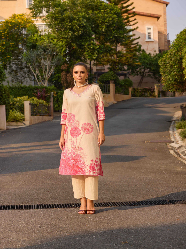Neerus Pink Printed Straight Kurta and Palazzos