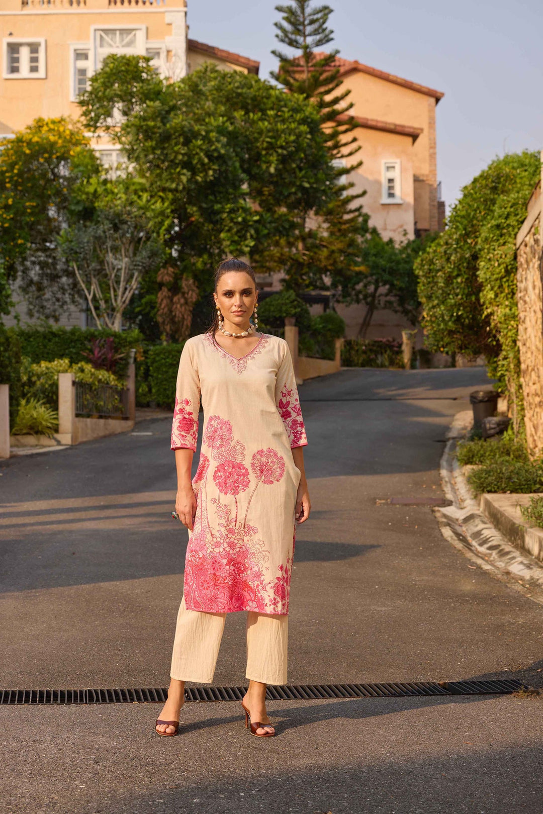 Neerus Pink polyester printed kurta set with palazzo - back view