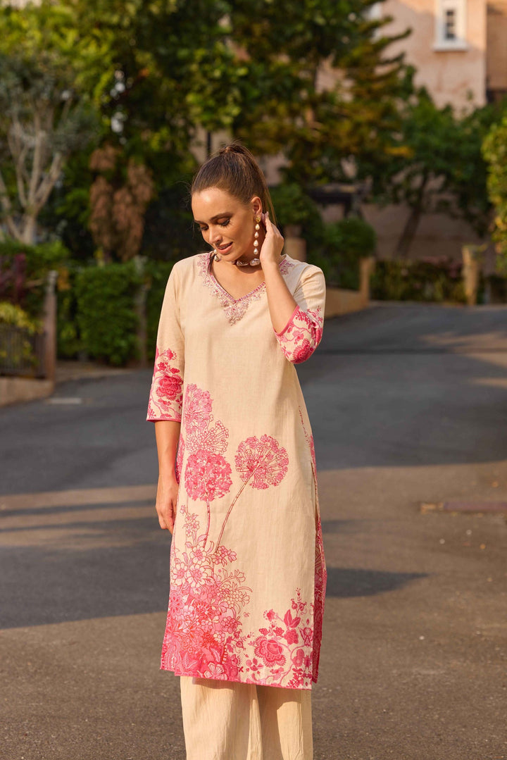 Neerus Pink polyester printed kurta set with palazzo - side view