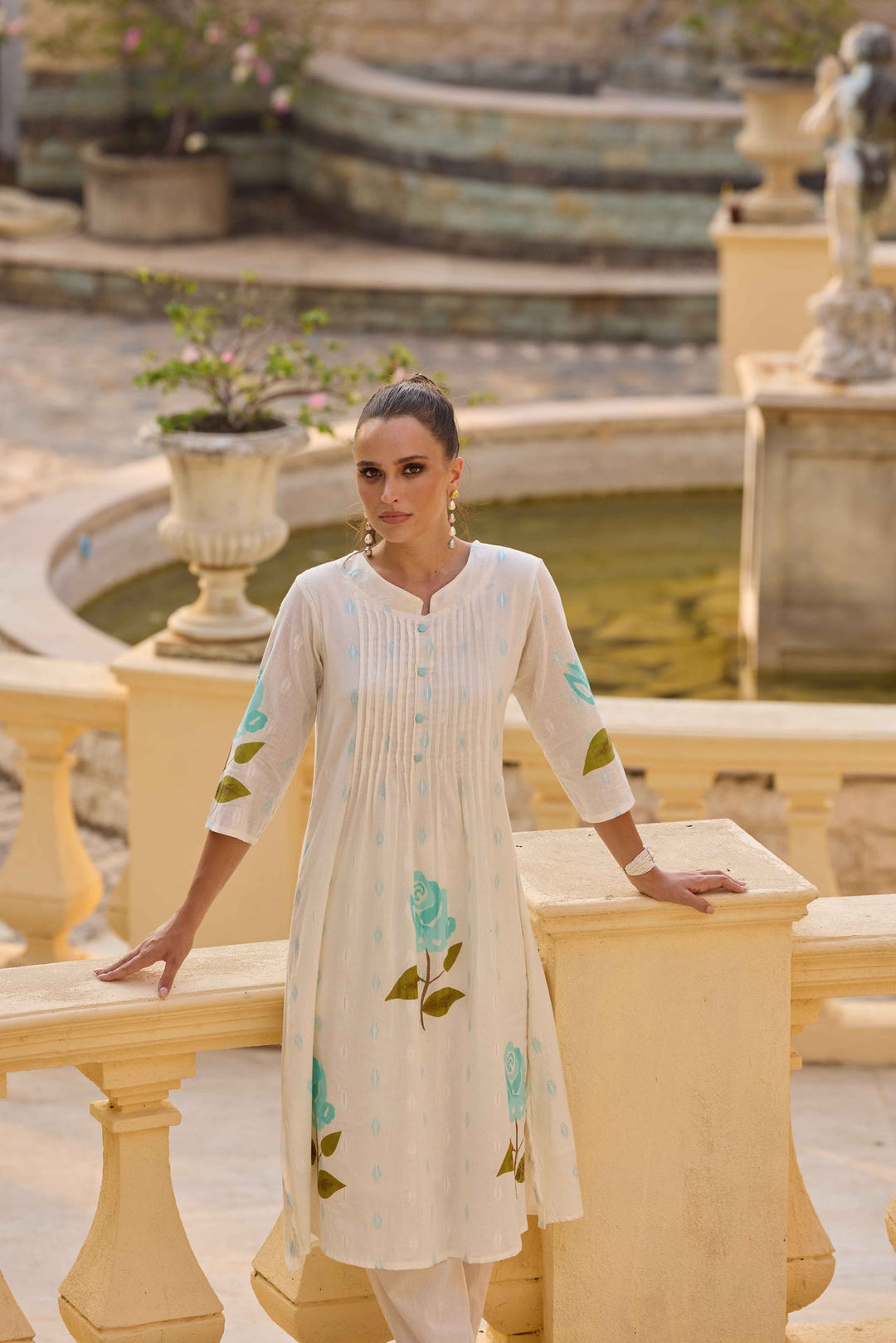 Neerus Blue cotton printed kurta set - back view