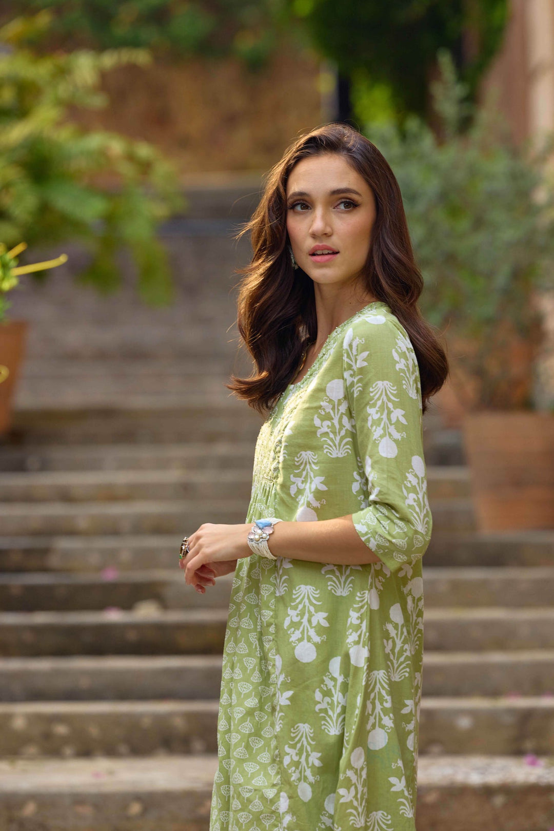 Neerus Green cotton printed kurta set - side view