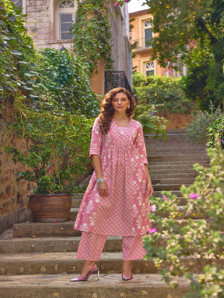 Neerus Pink cotton printed kurta set with trousers - front view