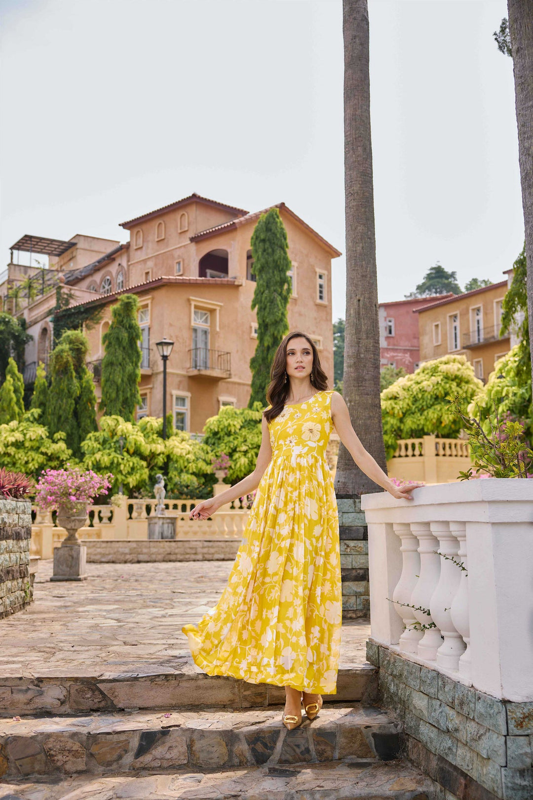 Neerus Yellow georgette printed maxi dress - back view