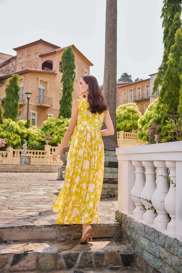 Neerus Yellow Casual Maxi Floral Dresses