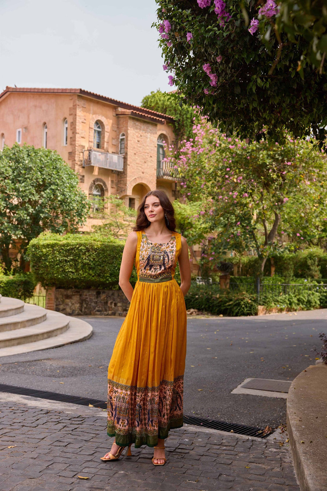 Neerus Gold polyester solid maxi dress - back view