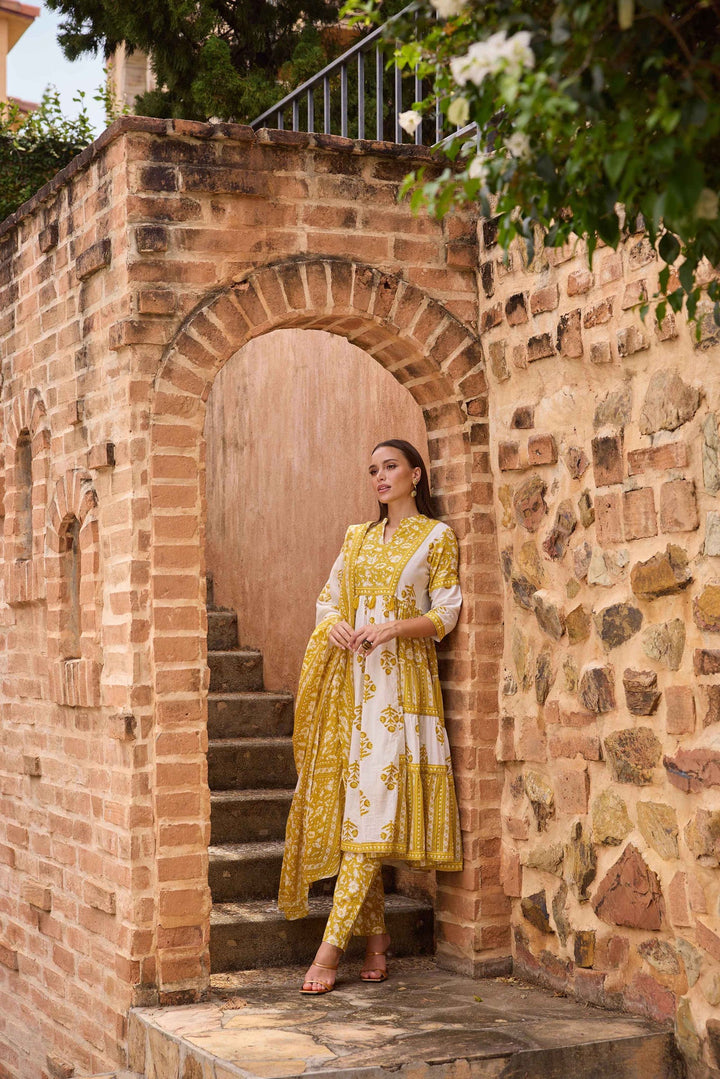 Neerus Green cotton printed anarkali suit set - back view