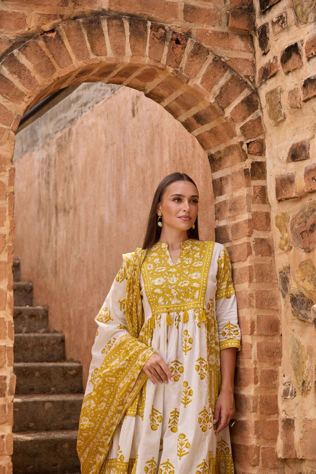 Neerus Green cotton printed anarkali suit set - side view