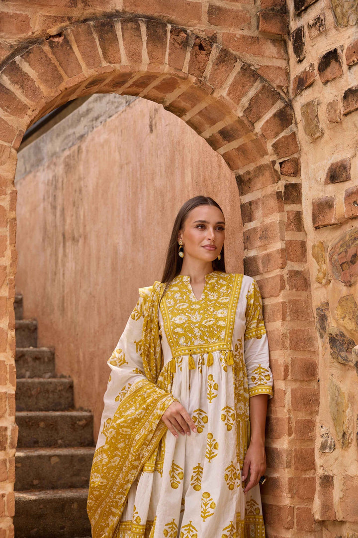 Neerus Green cotton printed anarkali suit set - side view