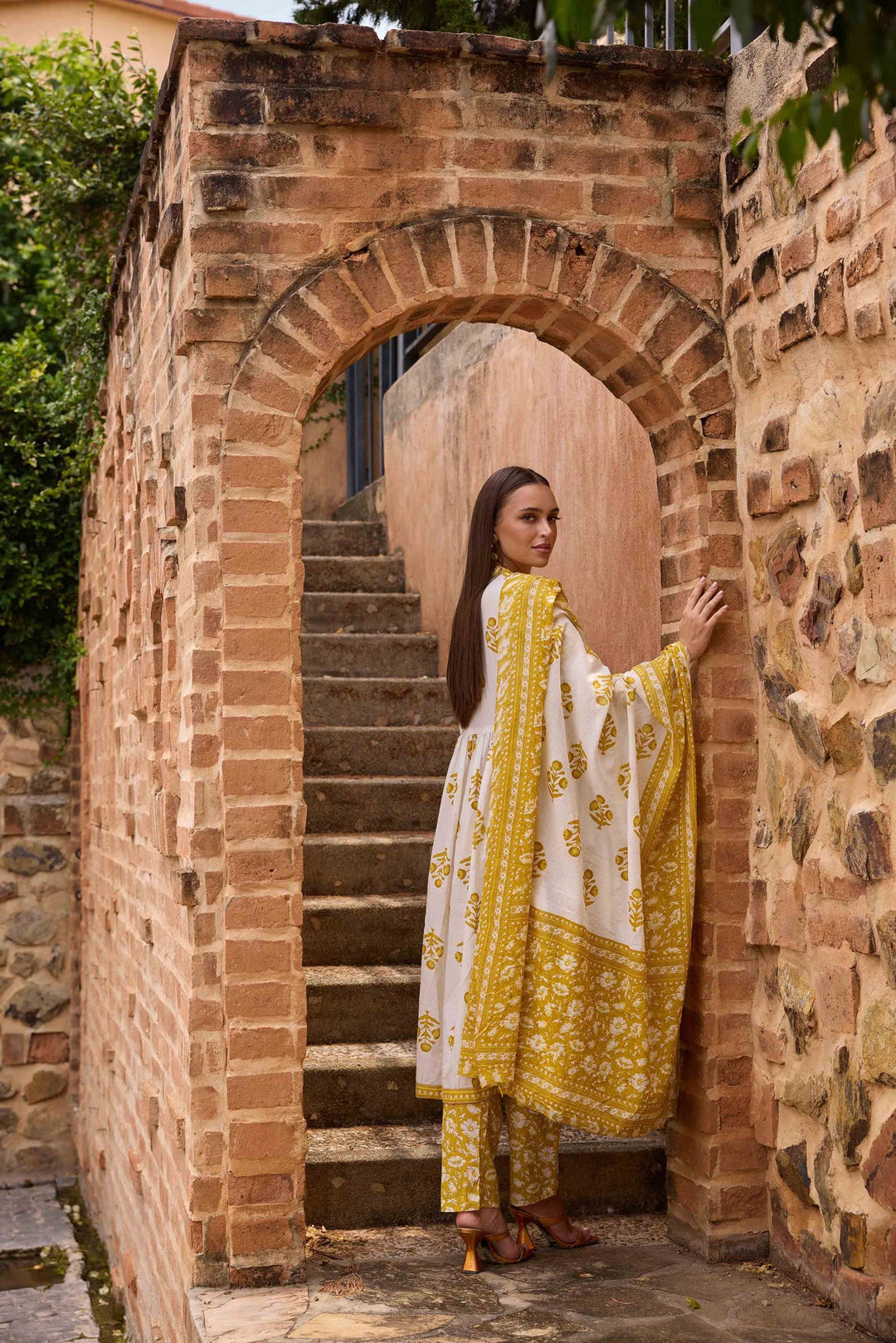 Neerus Green cotton printed anarkali suit set - detail view 1