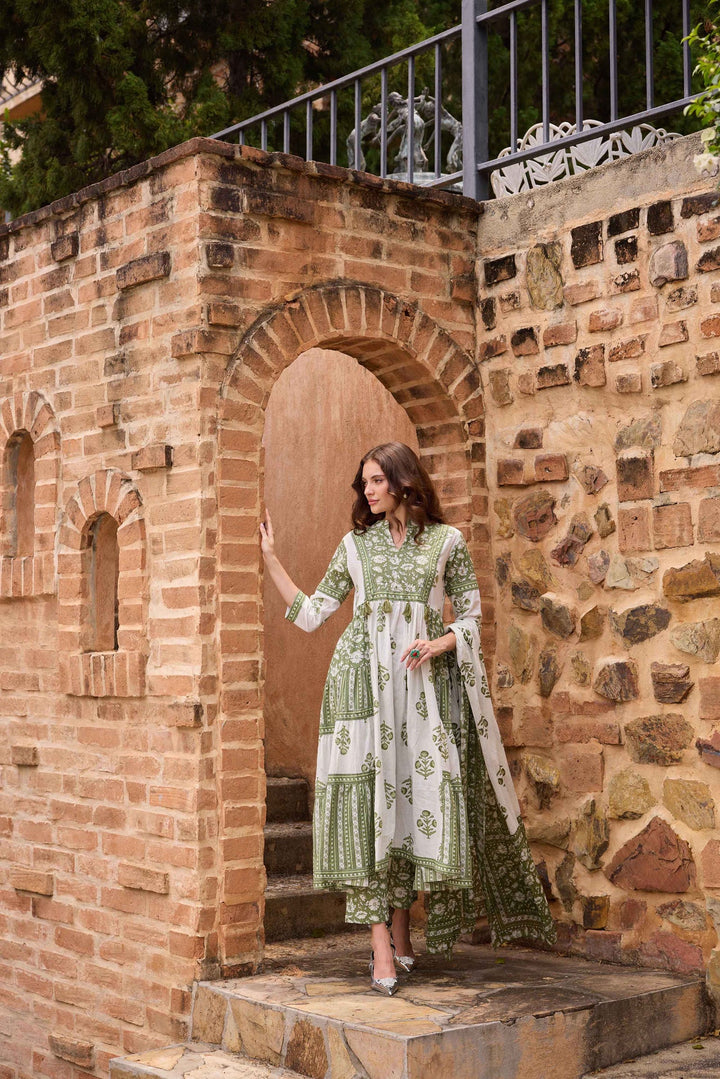 Neerus Olive Printed Anarkali Kurta and Trousers With Dupatta