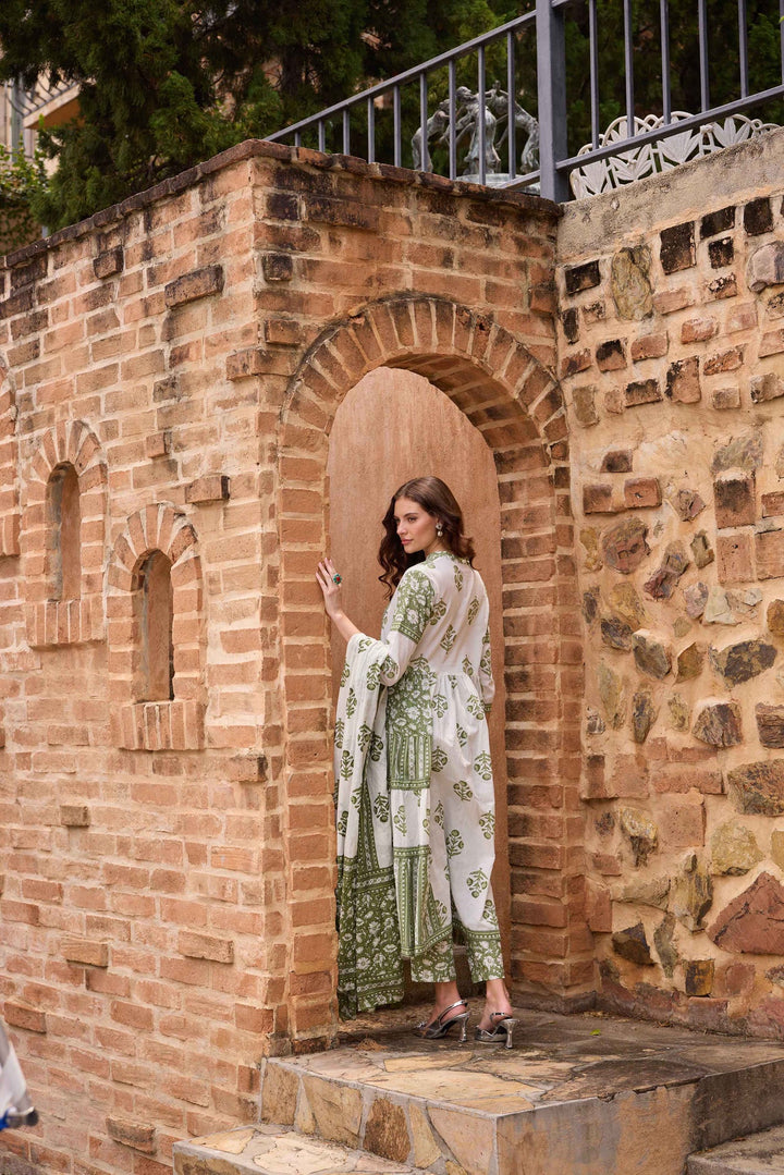 Neerus Olive Printed Anarkali Kurta and Trousers With Dupatta