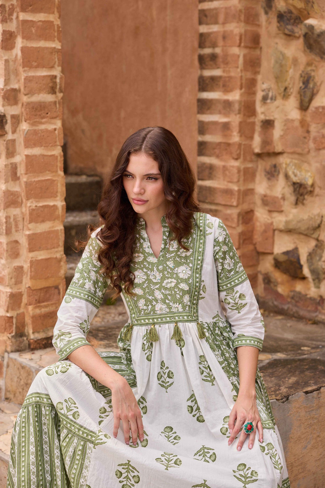 Neerus Green cotton printed anarkali suit set - detail view 1