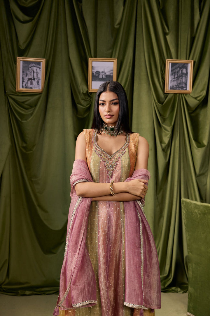 Multicolor Tissue Zari Striped Buti Weaved Three Piece Set