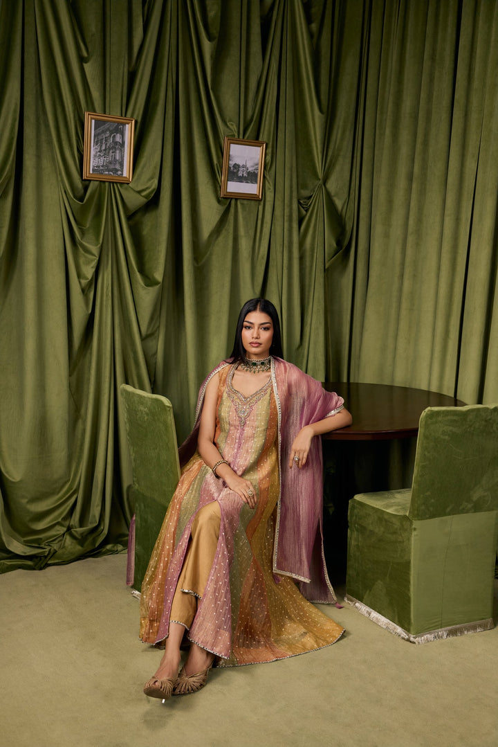 Multicolor Tissue Zari Striped Buti Weaved Three Piece Set