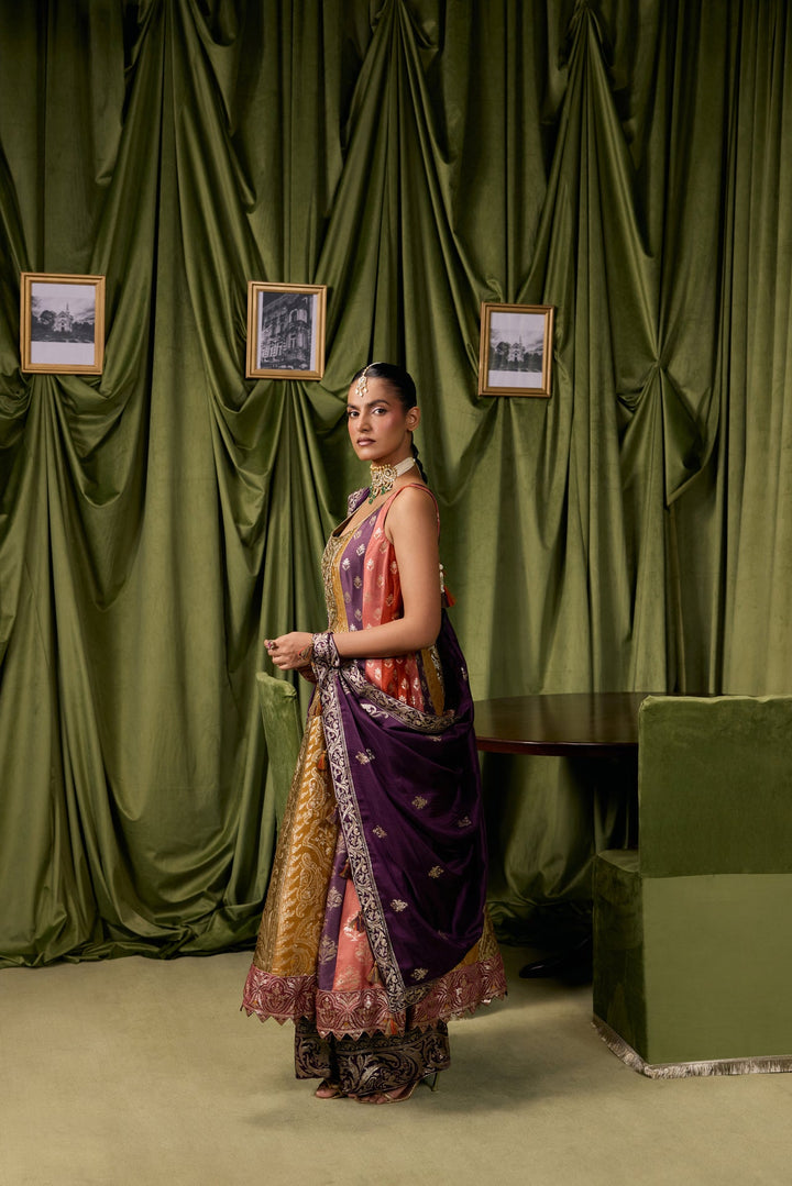 Purple Silk Ethnic Printed Three Piece Set