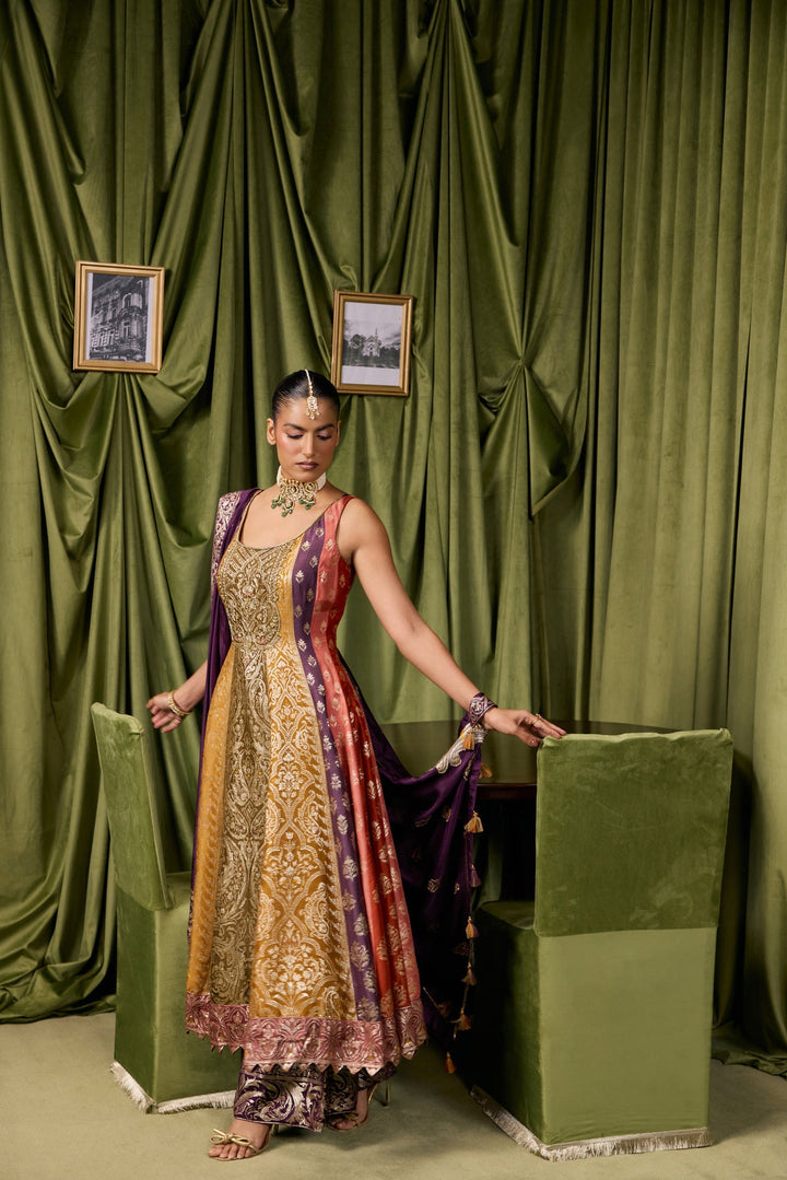 Purple Silk Ethnic Printed Three Piece Set