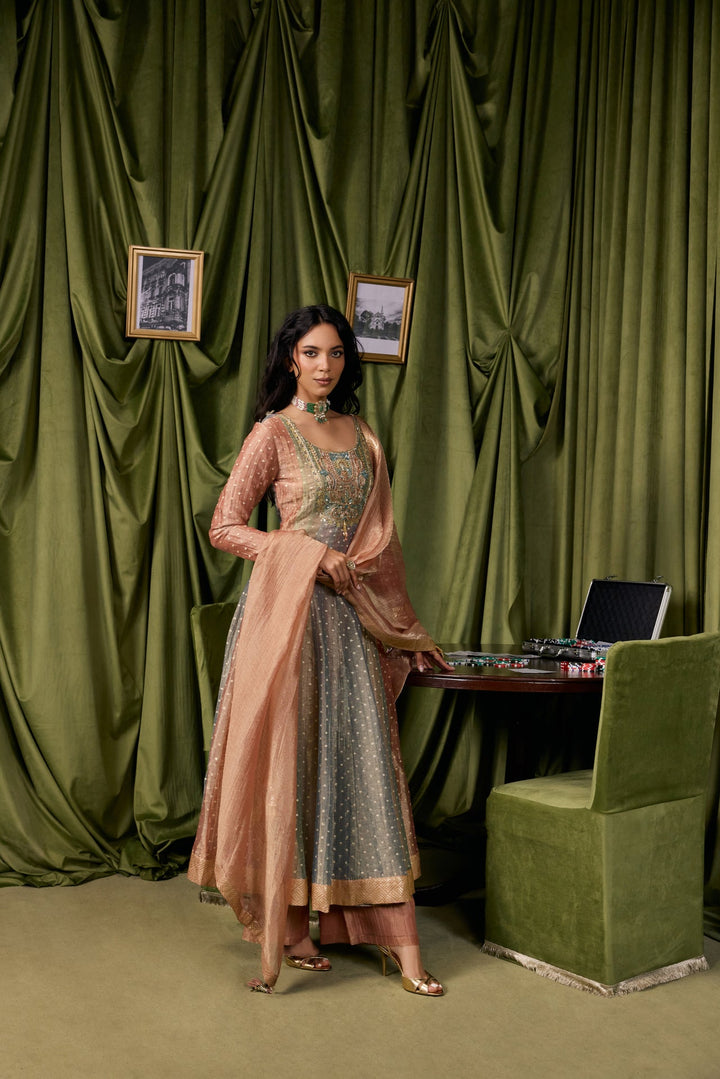 Multicolor Tissue Zari Buti Printed Three Piece Set