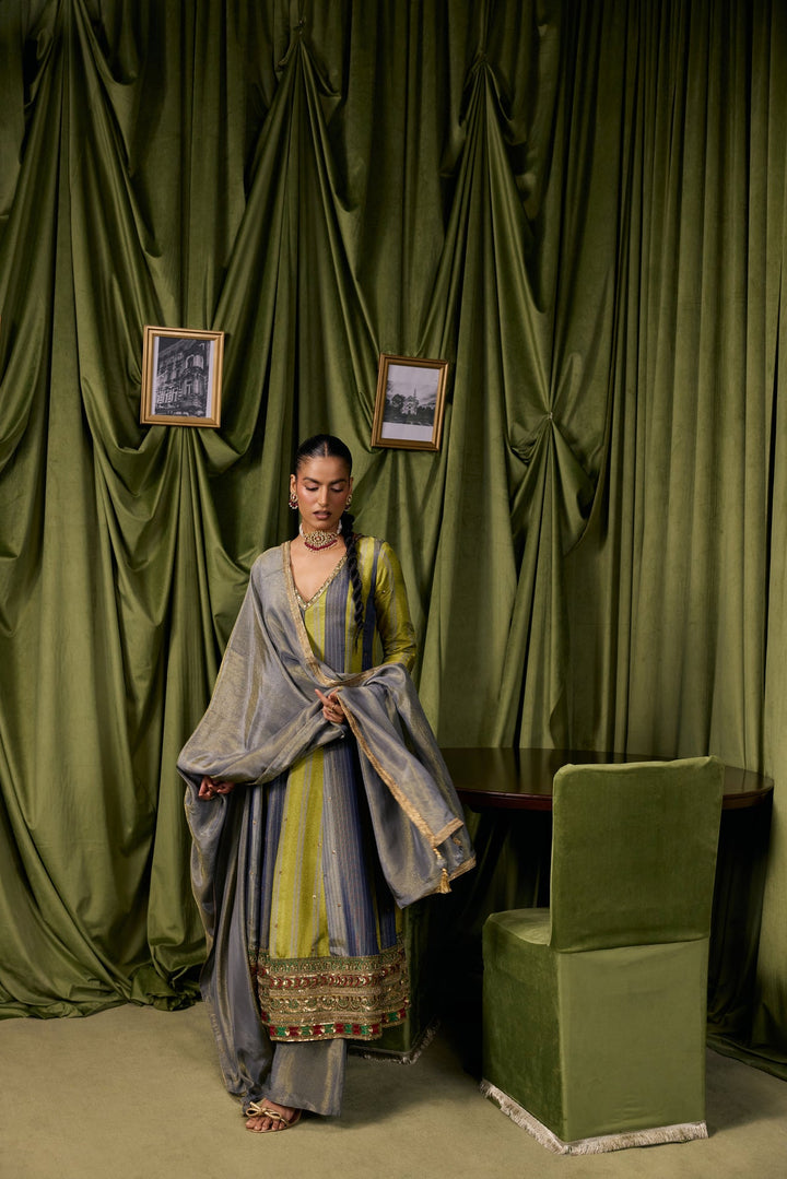 Parrot Green Tissue Solid With Zari Embroidered Three Piece Set