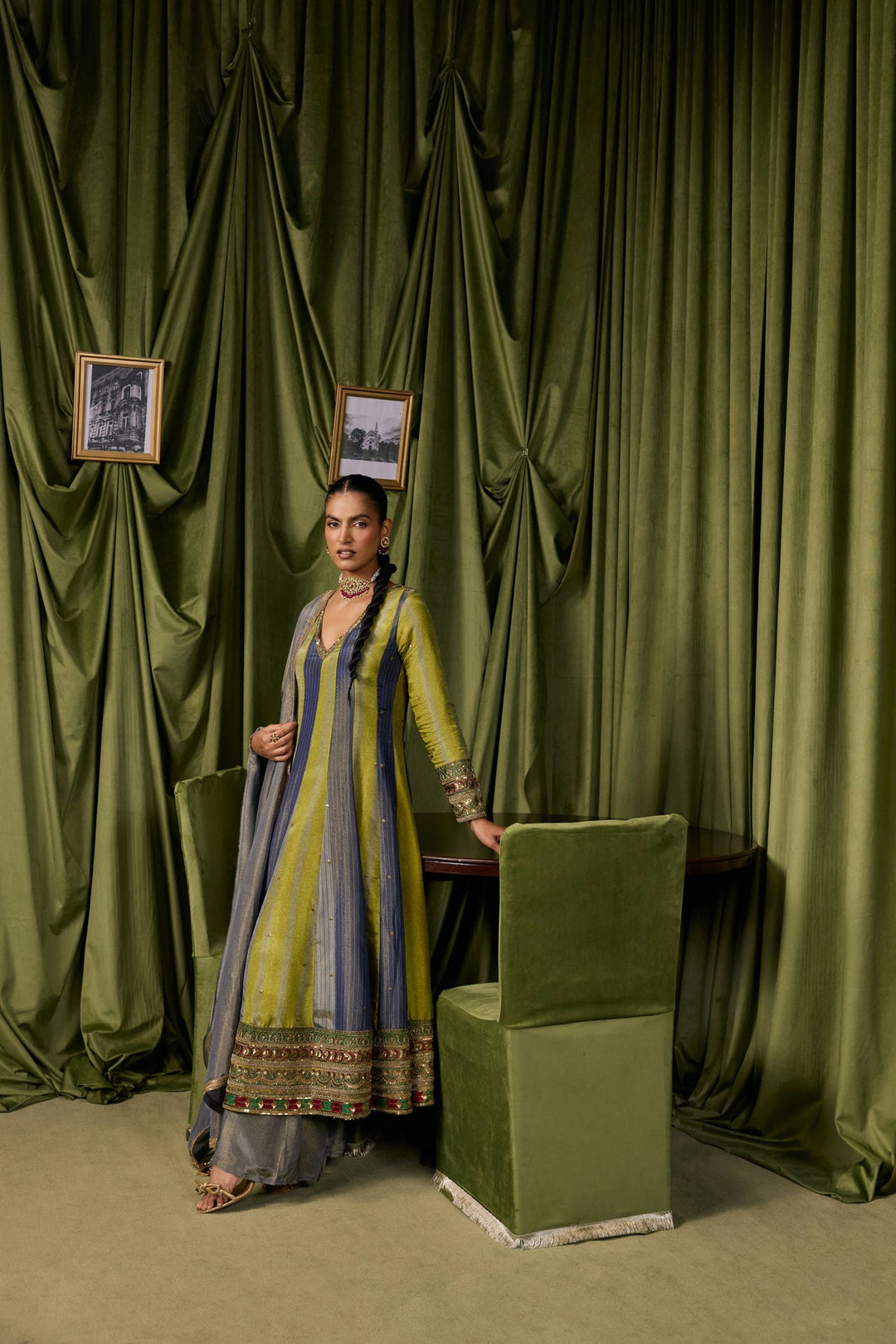 Parrot Green Tissue Solid With Zari Embroidered Three Piece Set