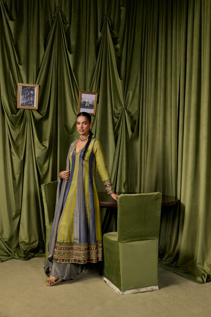 Parrot Green Tissue Solid With Zari Embroidered Three Piece Set