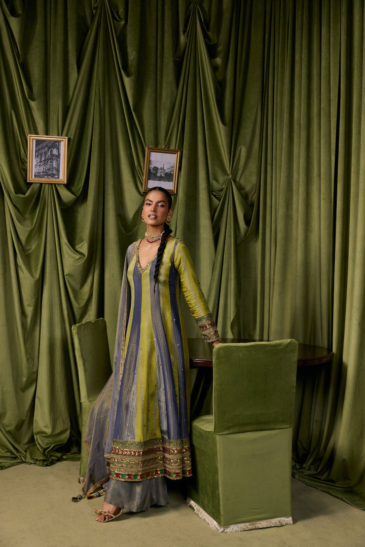 Parrot Green Tissue Solid With Zari Embroidered Three Piece Set