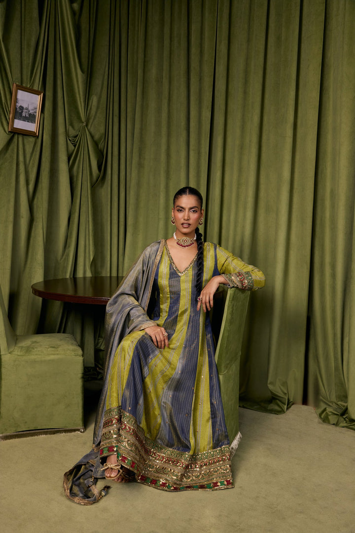 Parrot Green Tissue Solid With Zari Embroidered Three Piece Set