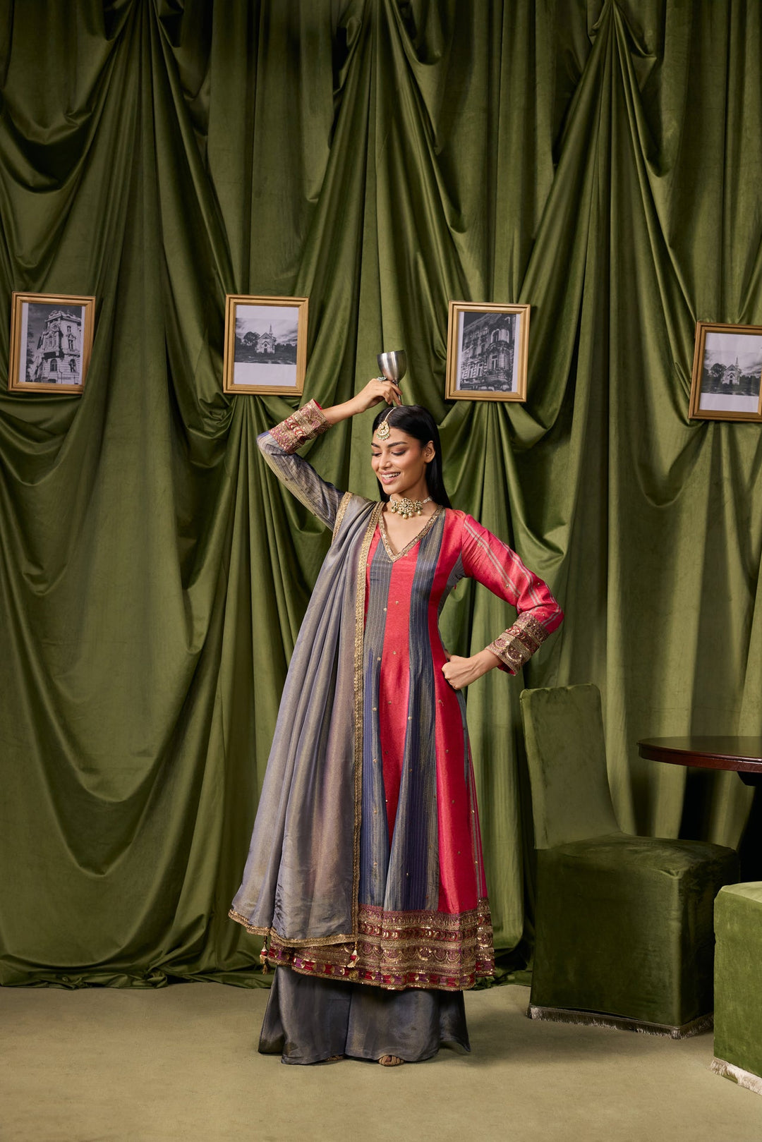 Rani Pink Tissue Solid With Zari Embroidered Three Piece Set
