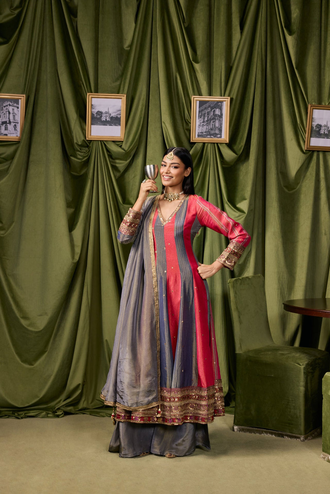 Rani Pink Tissue Solid With Zari Embroidered Three Piece Set