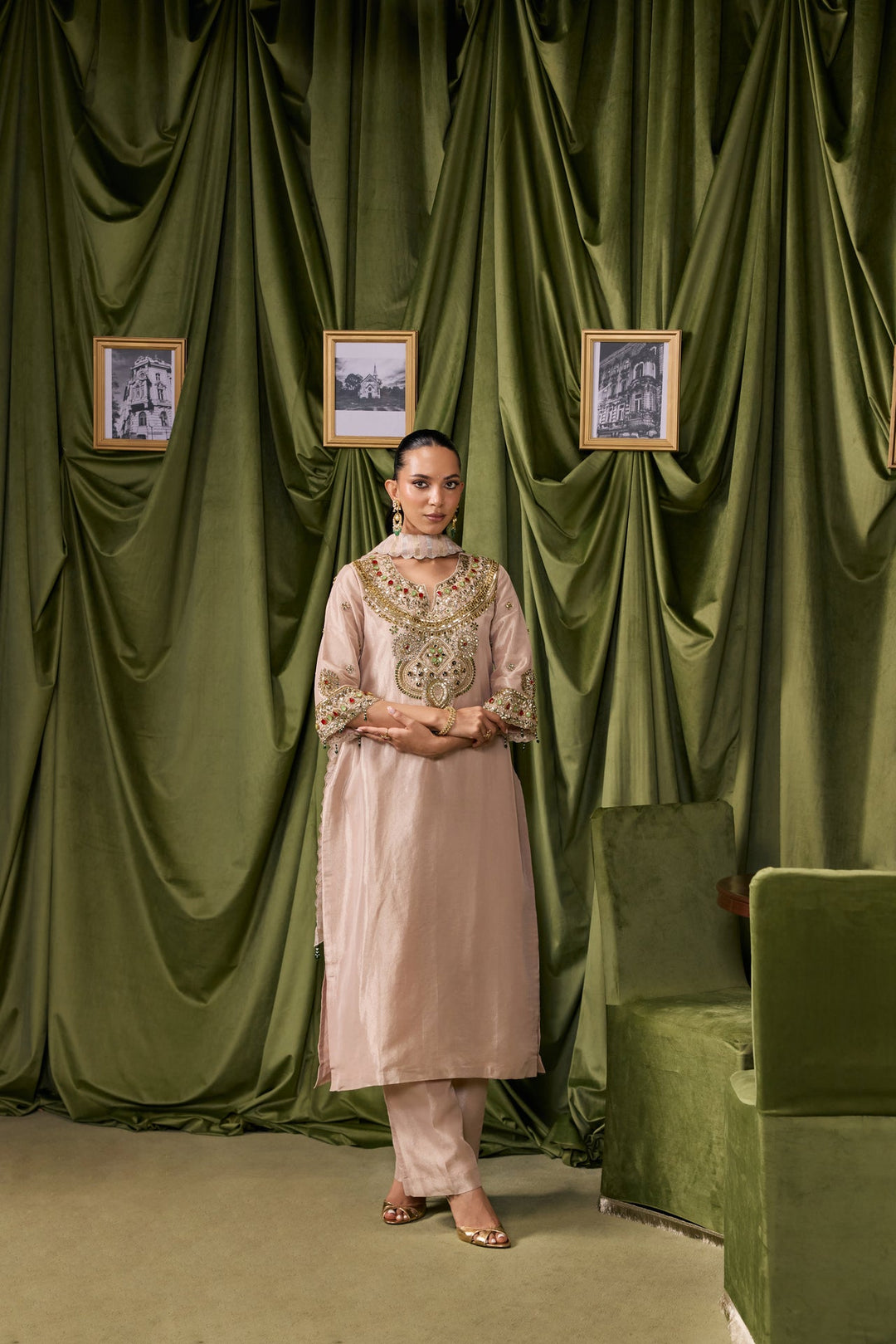 Beige Tissue Solid With Embroidered Three Piece Set