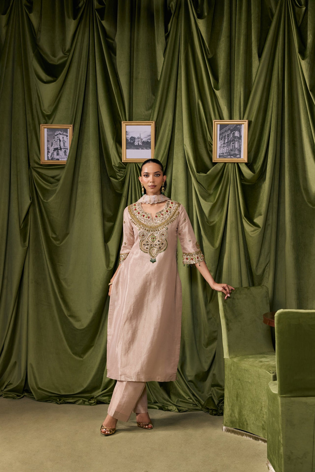 Beige Tissue Solid With Embroidered Three Piece Set