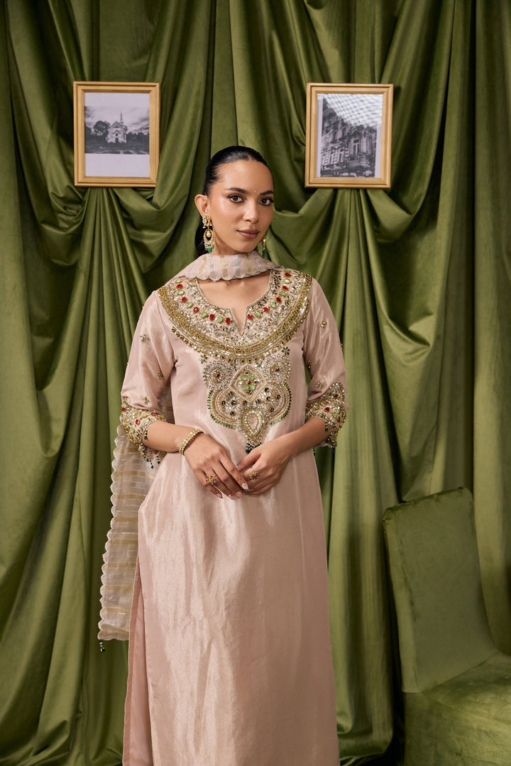 Beige Tissue Solid With Embroidered Three Piece Set